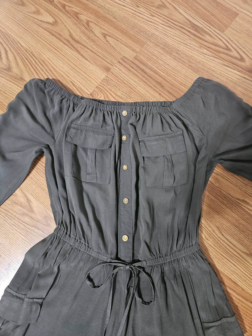 New York & Company Olive Utility Off-Shoulder Jumpsuit - Picture 2 of 8